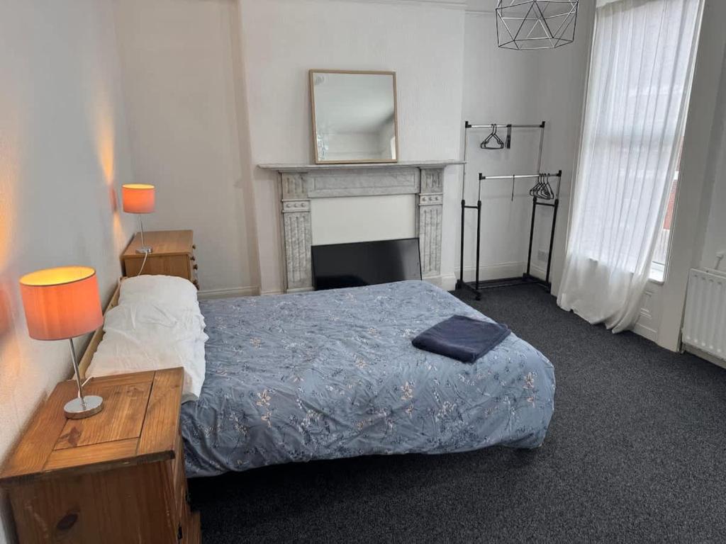 a bedroom with a bed and a fireplace and a mirror at Lovely Central Belfast 4 Bedroom Period Home in Belfast