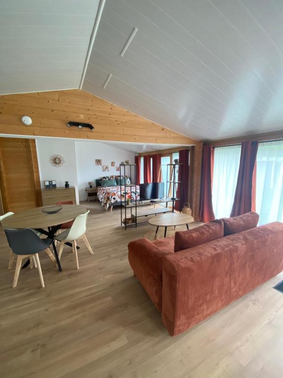 a living room with a couch and a table at Chalet bois cosy indépendant Saint Jean de Niost in Saint-Jean-de Niost