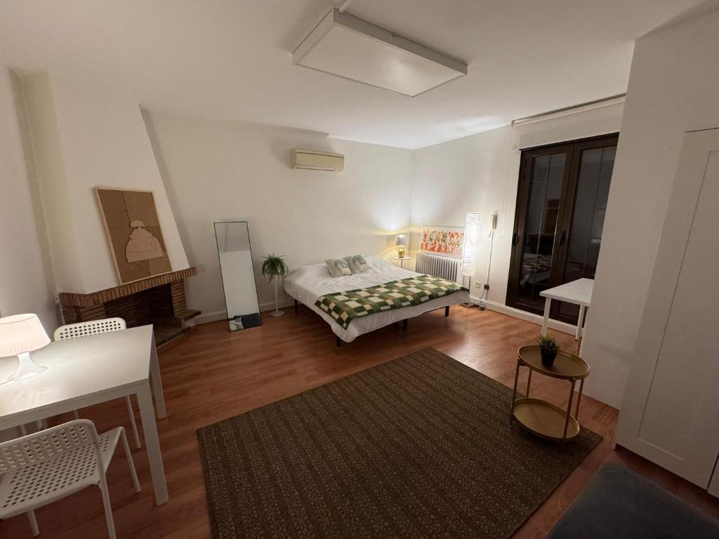 Un dormitorio con una cama en una habitación con una mesa. en Estudio Las Rozas de Madrid, en Las Rozas de Madrid