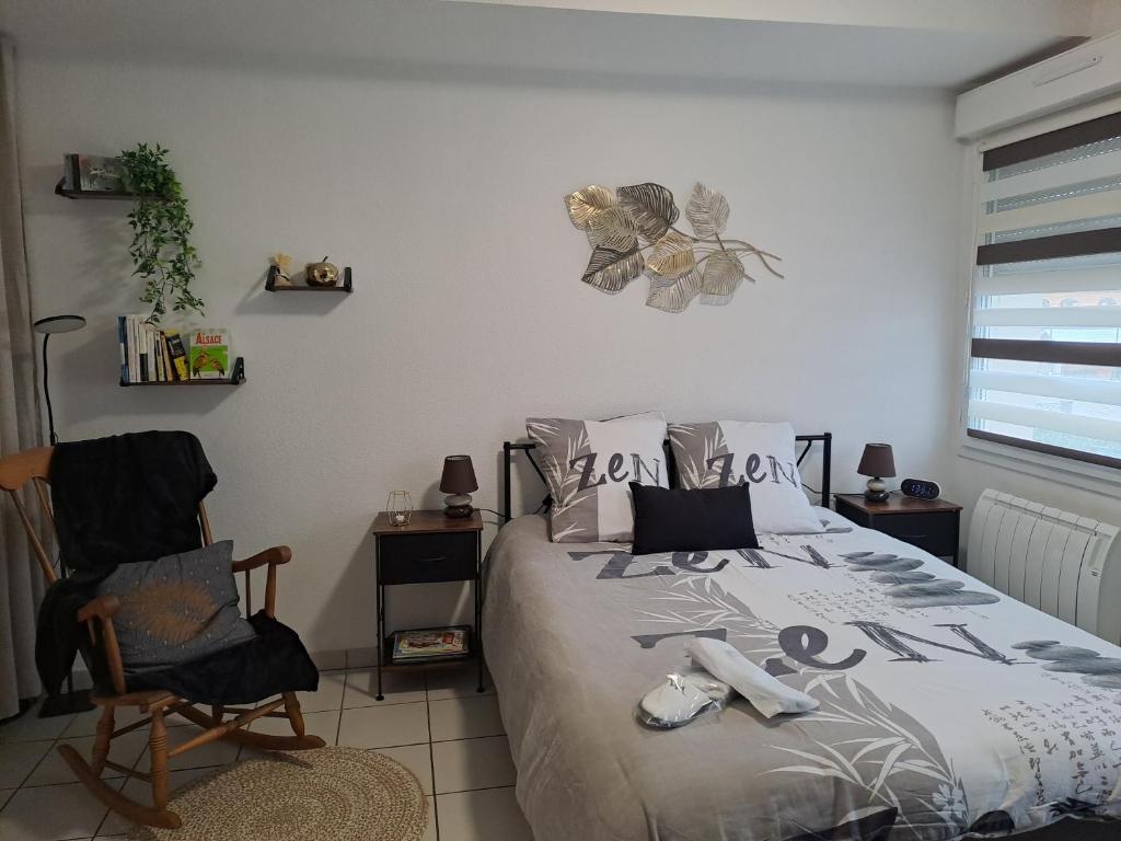 Meublé du centre في نيديربرون ليه باينس: غرفة نوم بها سرير وكرسي