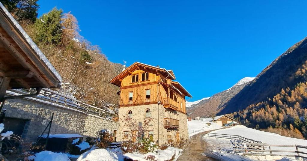 a wooden house on top of a building in the snow at Hotel Chalet val di Rabbi in Rabbi