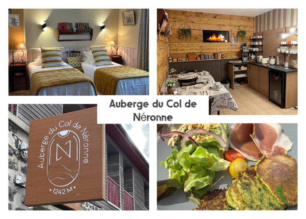 a collage of pictures of a hotel room at Auberge du Col de Néronne in Le Falgoux