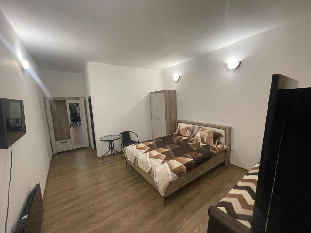 een slaapkamer met een bed en een tafel erin bij Regim parc in Craiova