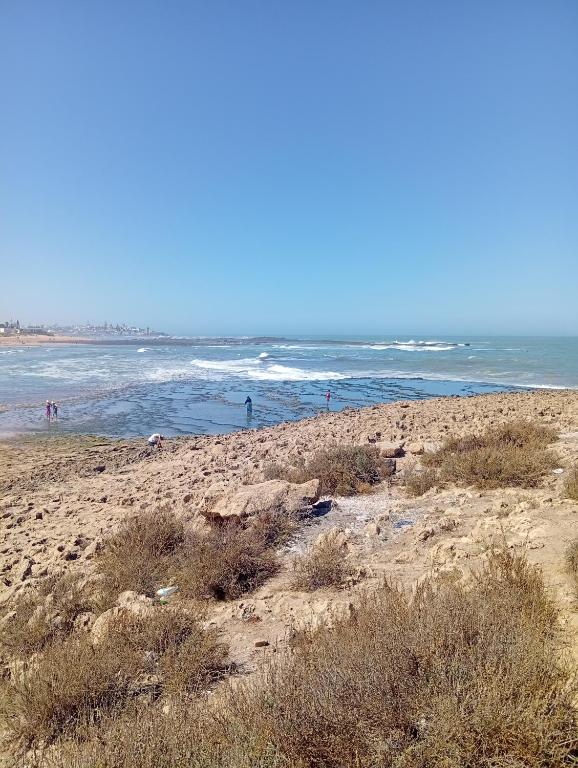 Appartement familial à 100 m de la mer في الحرحورة: شاطئ فيه ناس تمشي على الرمال والمحيط