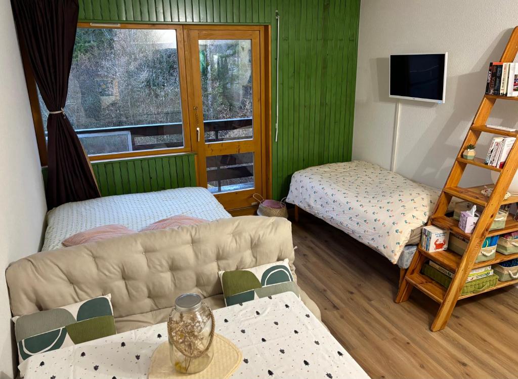 Studio près du lac في ماليبونسون: غرفة معيشة بها أريكة وسرير ونافذة