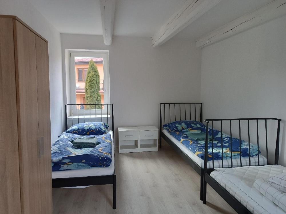 Apartmány MARTIN SARVAŠ 4 في تاخوف: سريرين توأم في غرفة بها نافذة