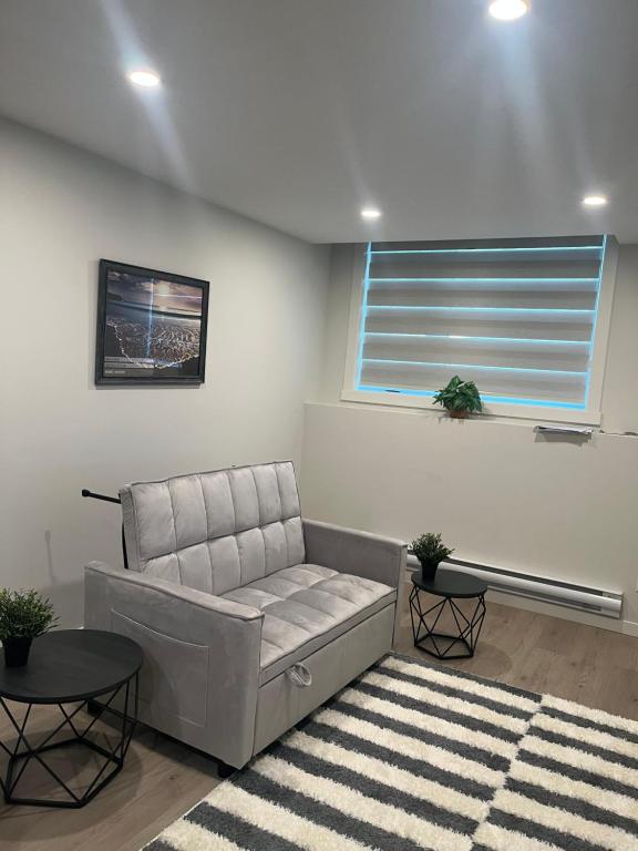 a living room with a couch and a window at Livingston Calgary Lovely space in YYC