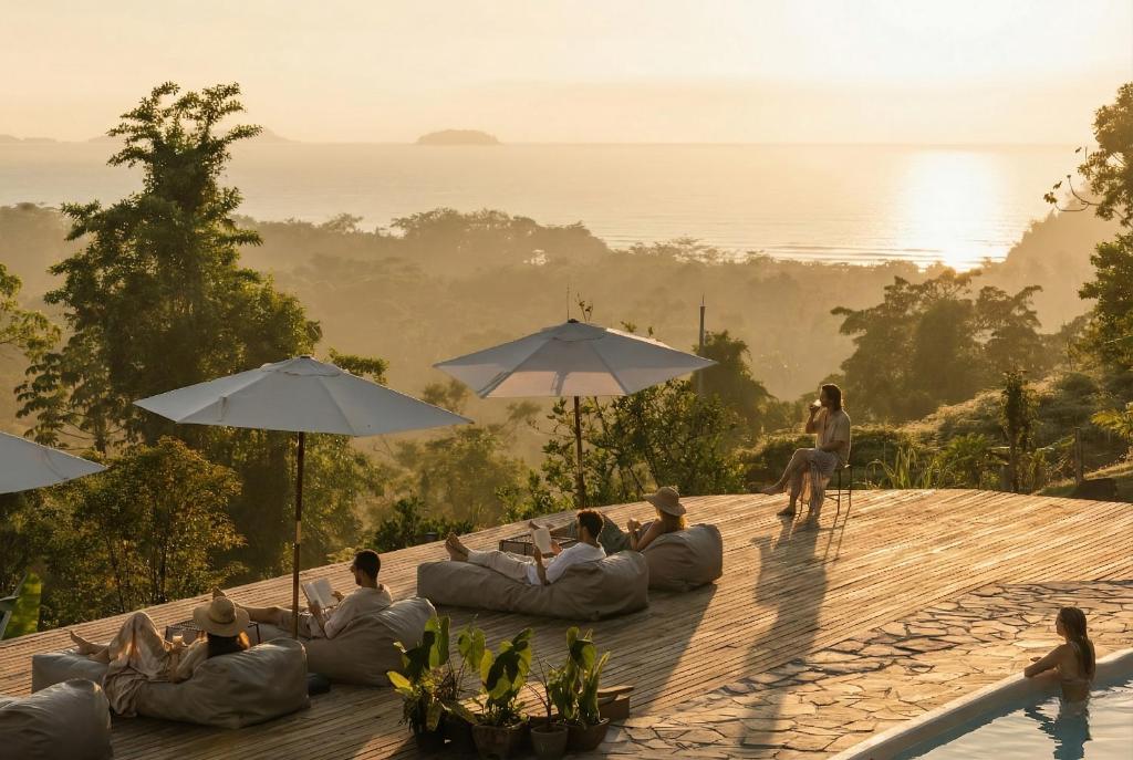 a group of people sitting on a deck with umbrellas at Mōmento Itamambuca in Ubatuba