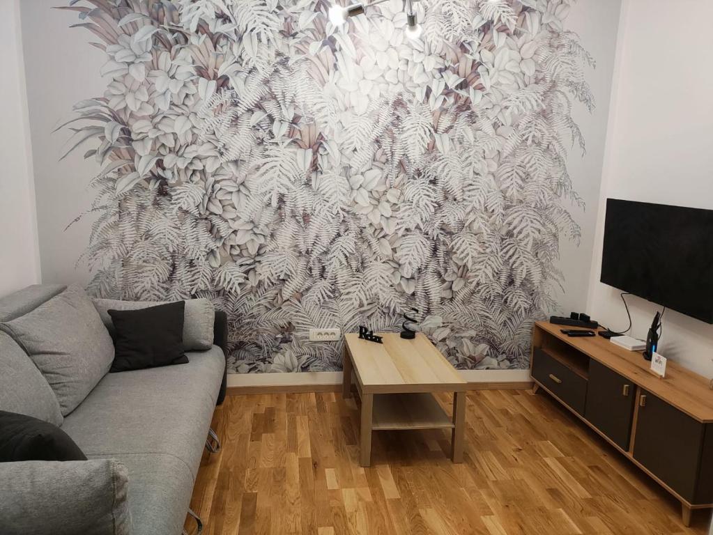 Apartments Sunny في بيشيشي: غرفة معيشة مع أريكة وجدار جداري