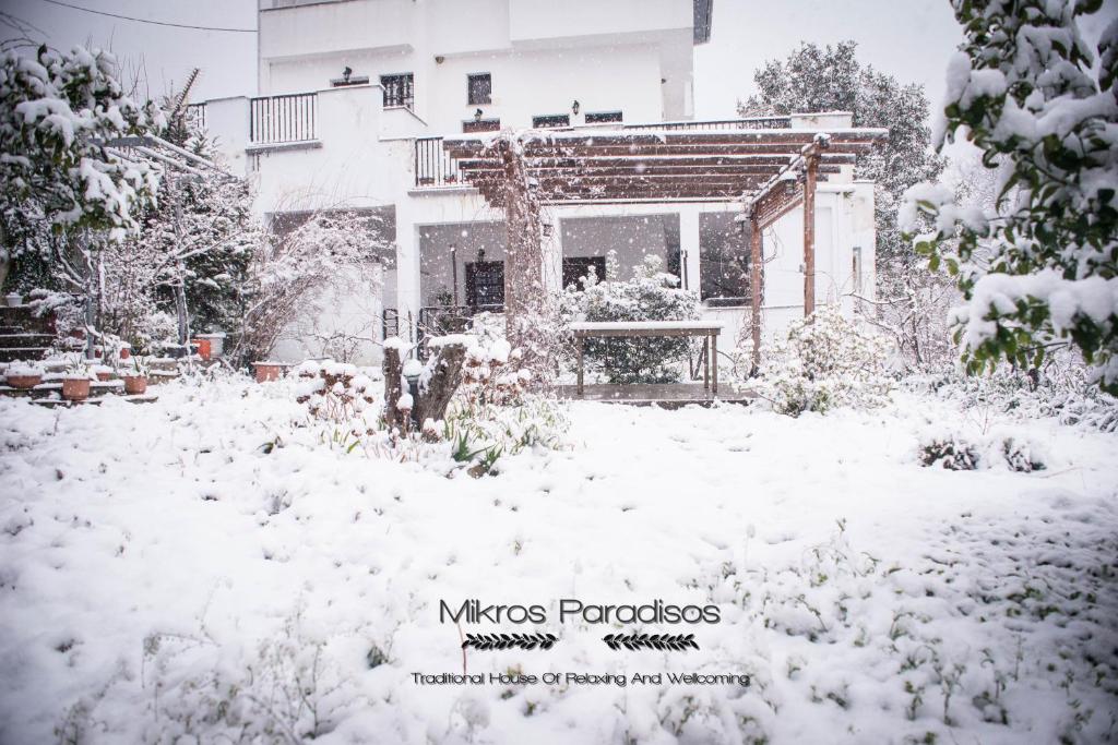 a house covered in snow in front of a house at Mikros Paradisos Pelion in Áyios Vlásios