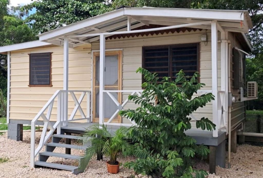 Una pequeña casa con porche y escalera. en Delva's Villa - Cozy Home near Airport, en Ladyville