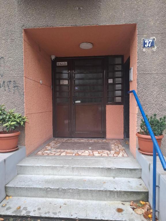 a door to a building with stairs in front at Paviljoni apartman in Tošin Bunar