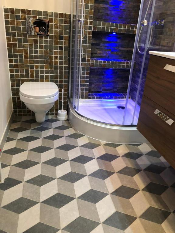a bathroom with a shower and a toilet in a bathroom at B-happy Apartments in Vilnius