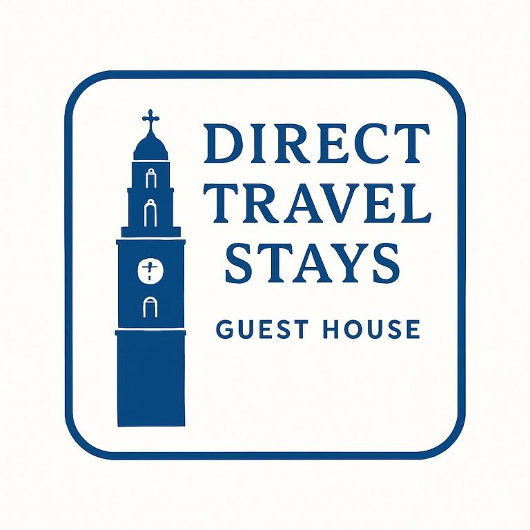 科克Direct Travel Stays的一块带有钟楼图案的招牌，上面写着“直达旅行住宿宾馆”。