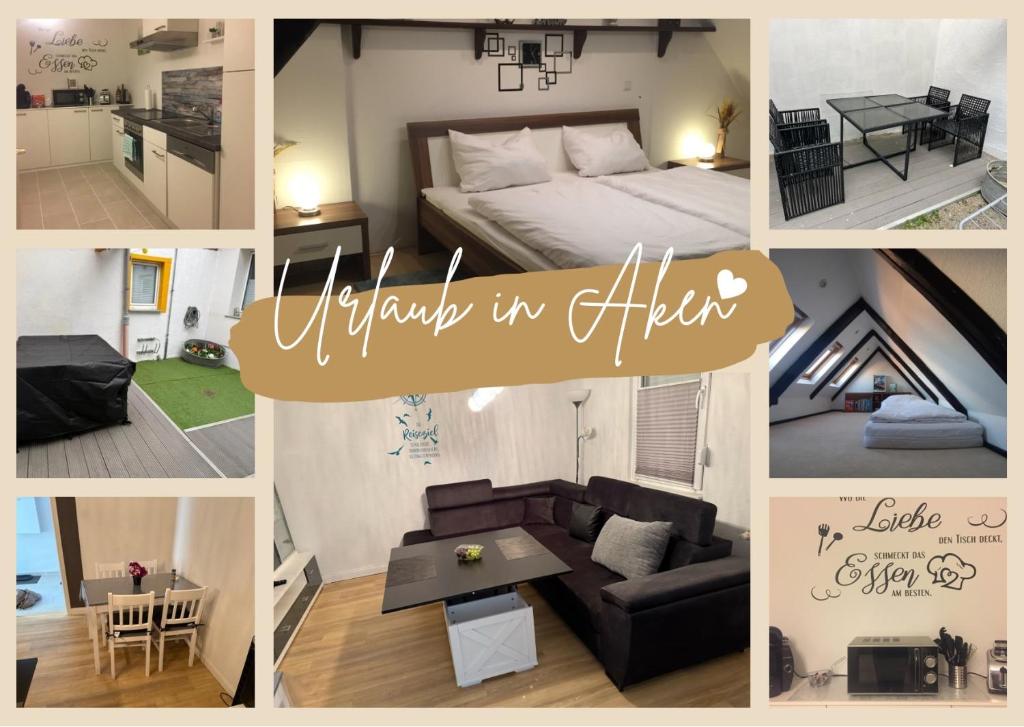 een collage van foto's van een slaapkamer en een woonkamer bij Ferienhaus Kammerer in Aken