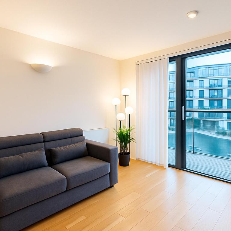 a living room with a couch and a large window at The Central Suite in Manchester