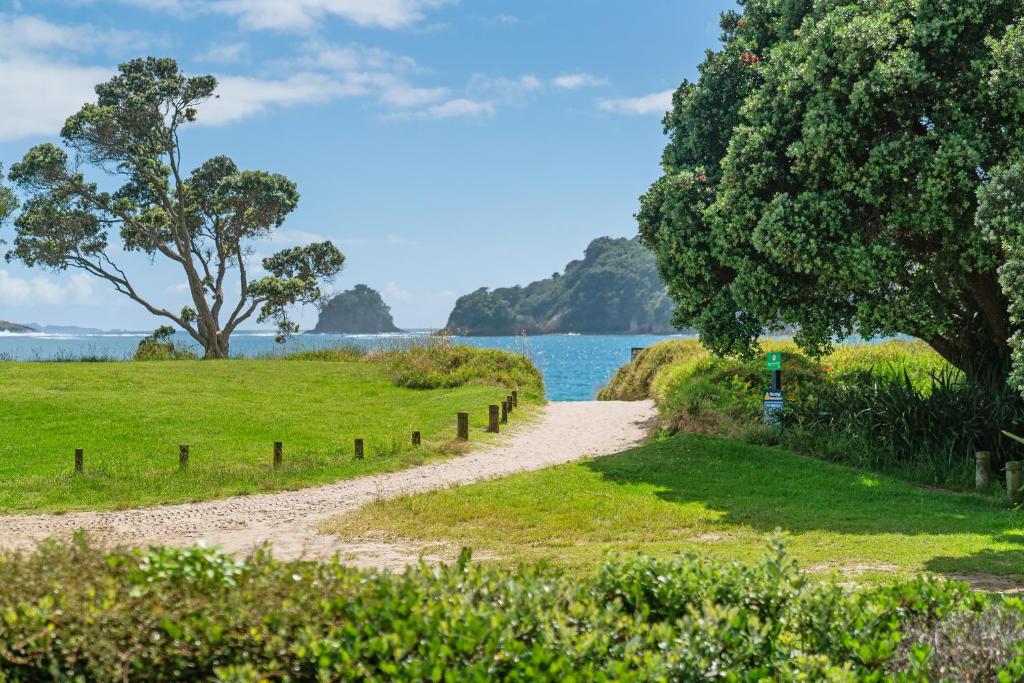 Hosts on the Coast Hahei Sands Villa B في هاهي: طريق ترابي بجانب الماء به اشجار