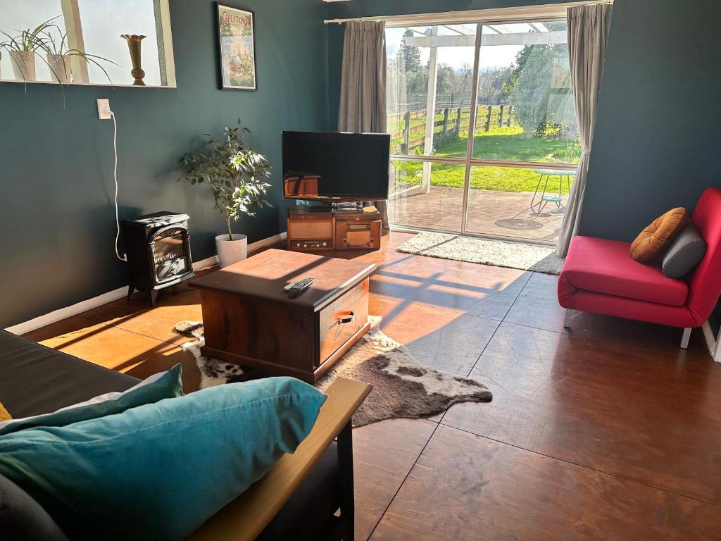 a living room with a couch and a tv at Dark Sky Cottage in Greytown