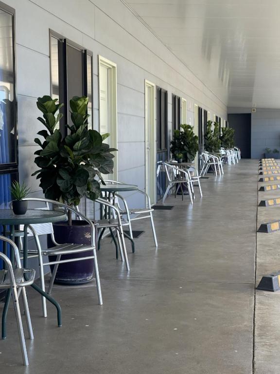 an empty hallway with tables and chairs and plants at Reef Gardens Motel in Proserpine