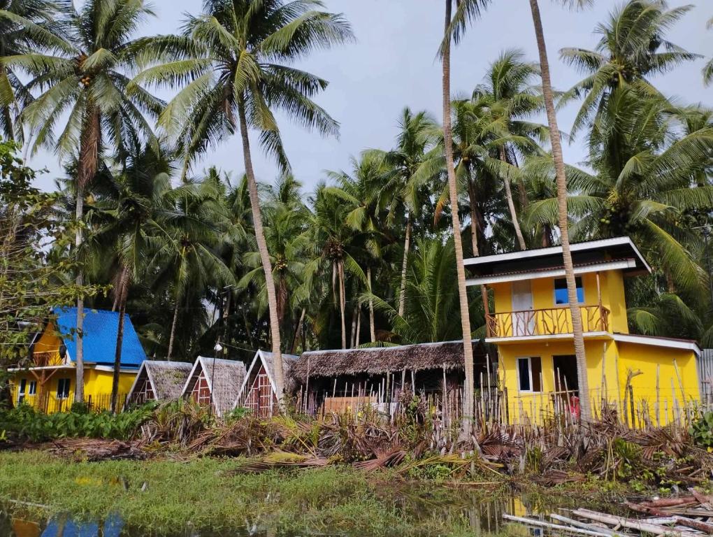 a row of houses in front of palm trees at Destiny Rainbow Beach Resort in Siquijor