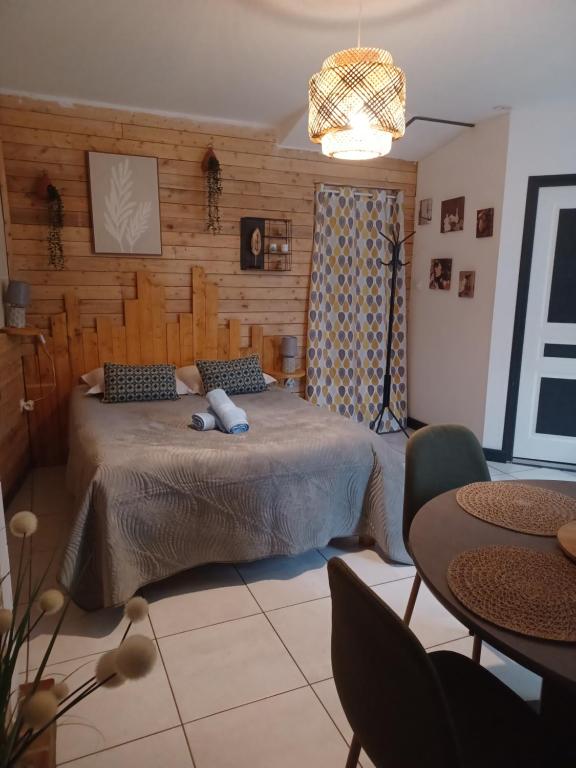 een slaapkamer met een bed, een tafel en stoelen bij Le Refuge in Saint-Aignan