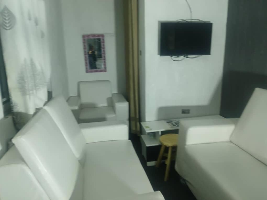 Makucha Ya Simba Homestay and camping grounds in mwanza : غرفة معيشة بها كنبتين بيضاء وتلفزيون