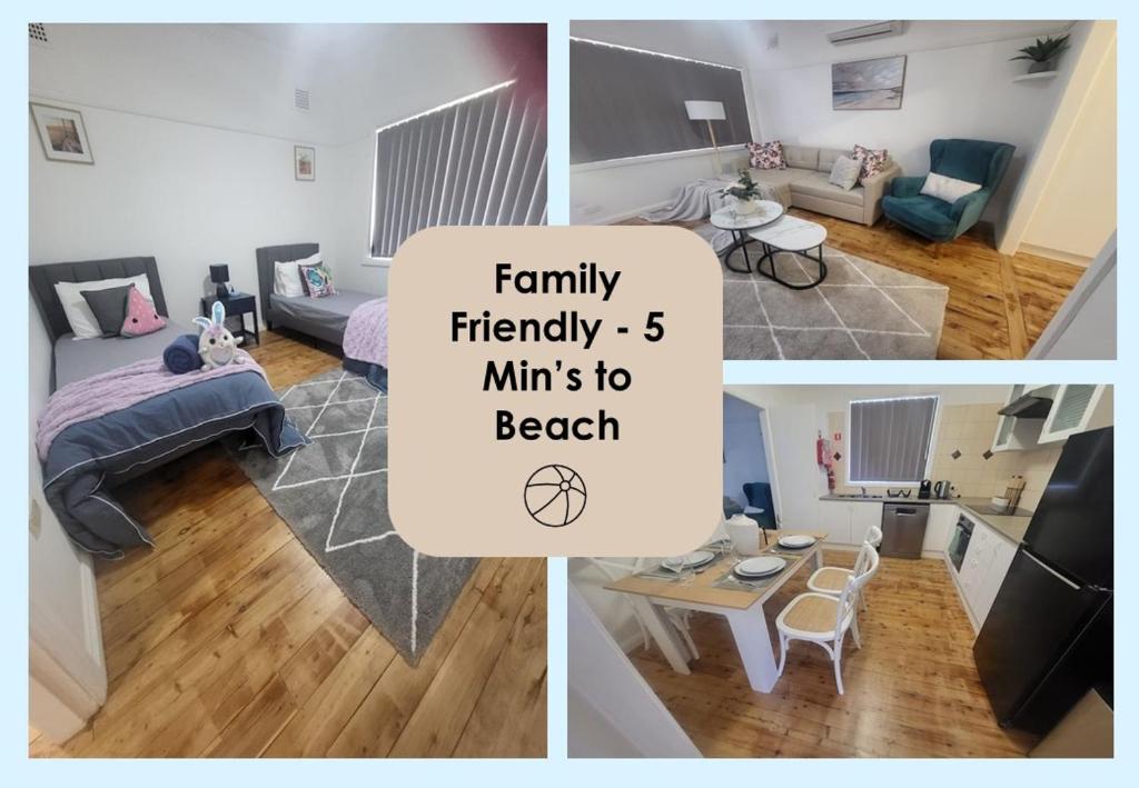 a collage of pictures of a living room and a bedroom at Family Friendly - 5 Mins To Beach in Belmont