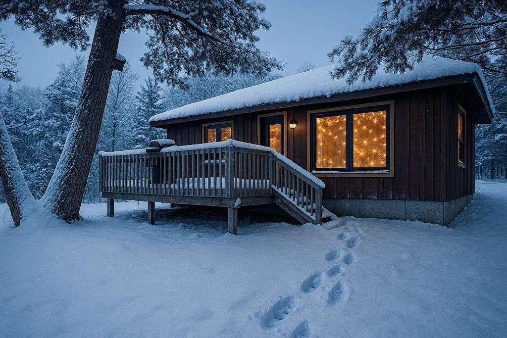 une cabine dans la neige avec des empreintes de pied dans la neige dans l'établissement 2-Bedroom Cottage #2 - Sand Bay, à Dillon
