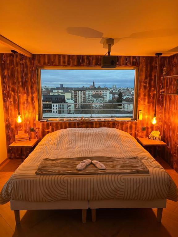 Ένα ή περισσότερα κρεβάτια σε δωμάτιο στο Chalet sur le toit de Strasbourg SPA Cinéma