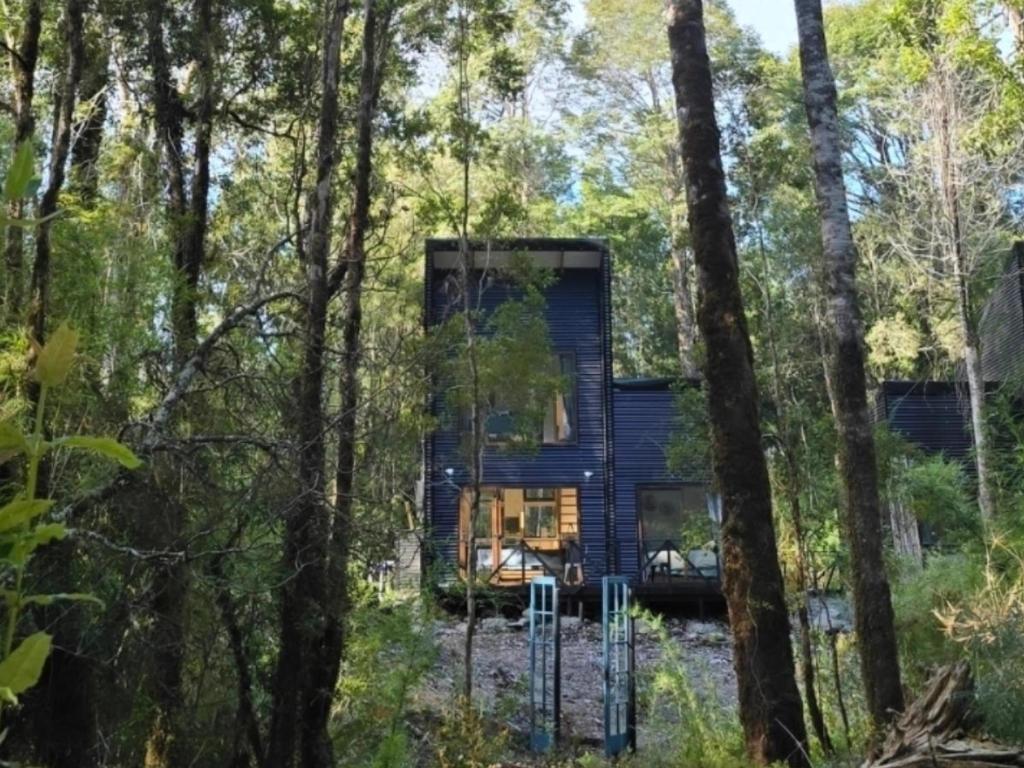 Refugio Ecos del Bosque في بورتو فاراس: كابينة في الغابة فيها اشجار