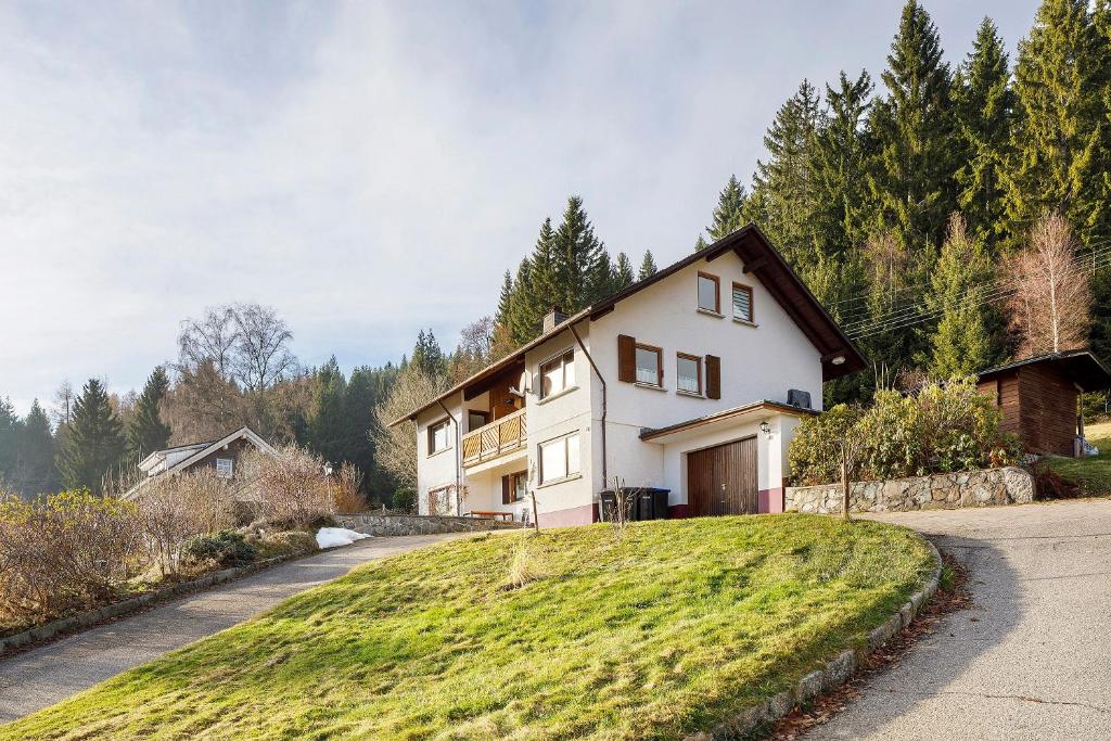 Haus Wintersonne في Falkau: منزل على تلة عشبية بجوار الطريق