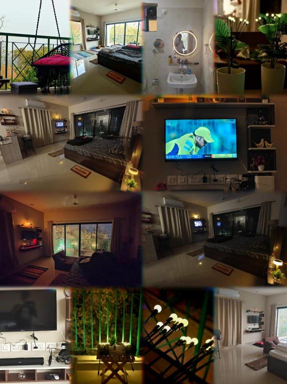a collage of photos of a living room with a television at Nisarg in Canacona