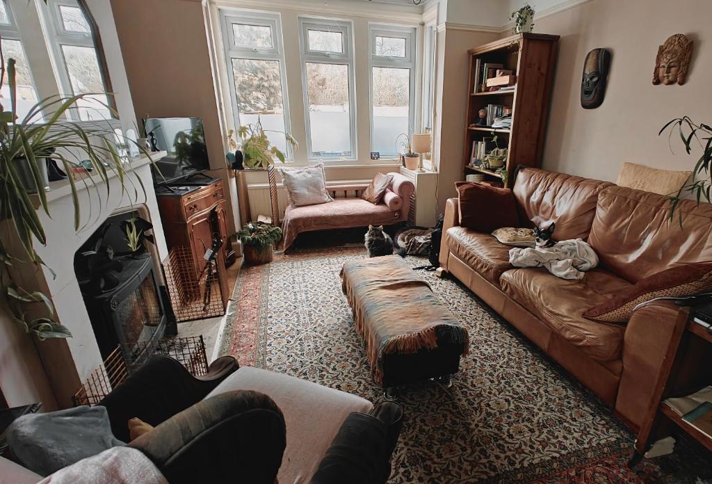 Headington Haven Homestay في أوكسفورد: غرفة معيشة مع أريكة جلدية وكراسي