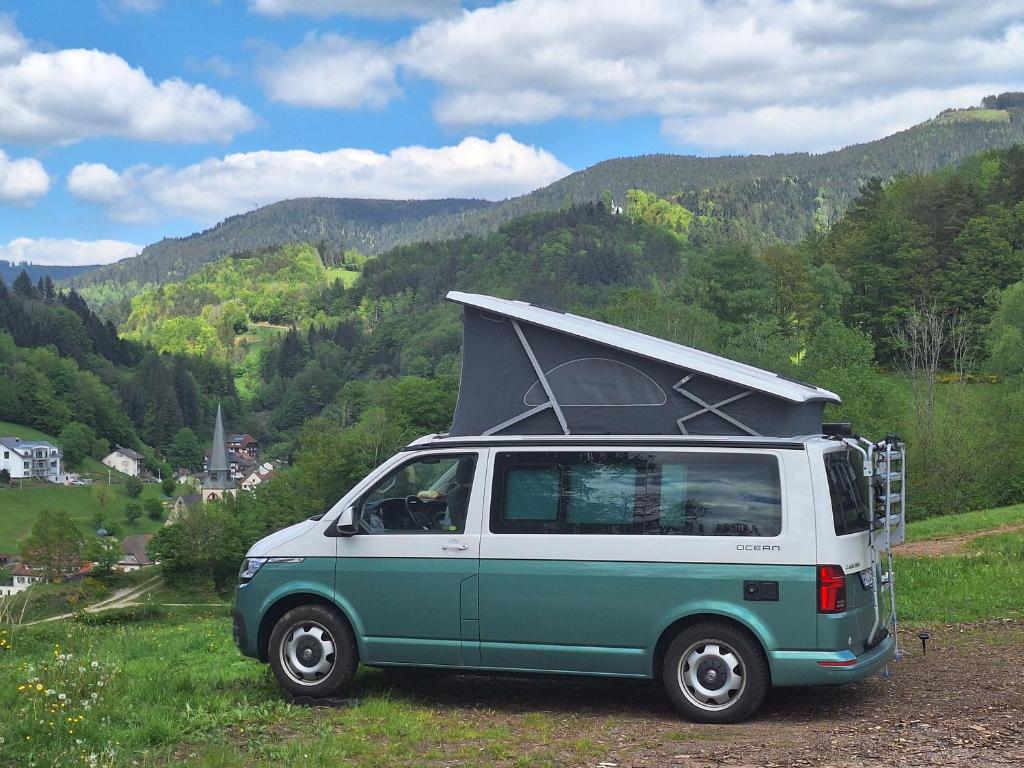 a green and white van parked in a field at Wildnis-Camp Schwarzwald in Bad Peterstal-Griesbach