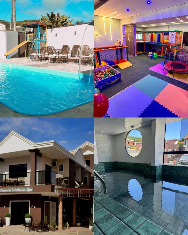 a collage of photos of a house with a swimming pool at Hotel Estrela do Mar in Penha