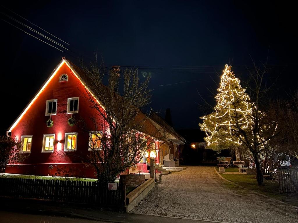 a christmas tree in front of a house at night at Landhaus 1868 in Villenbach