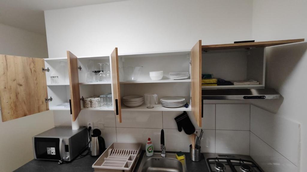 Una pequeña cocina con fregadero y microondas. en Apartmán pro 4 osoby Pohraniční stráže, Kraslice, en Kraslice