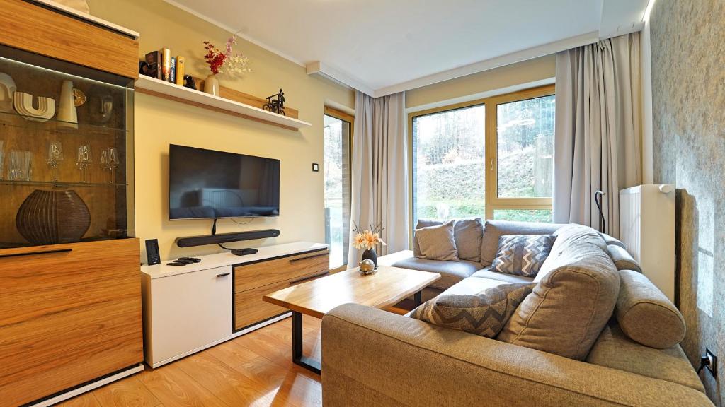 a living room with a couch and a tv at Apartamenty Every Sky Szklarska Poręba - Kilińskiego 17A-17B-17C in Szklarska Poręba