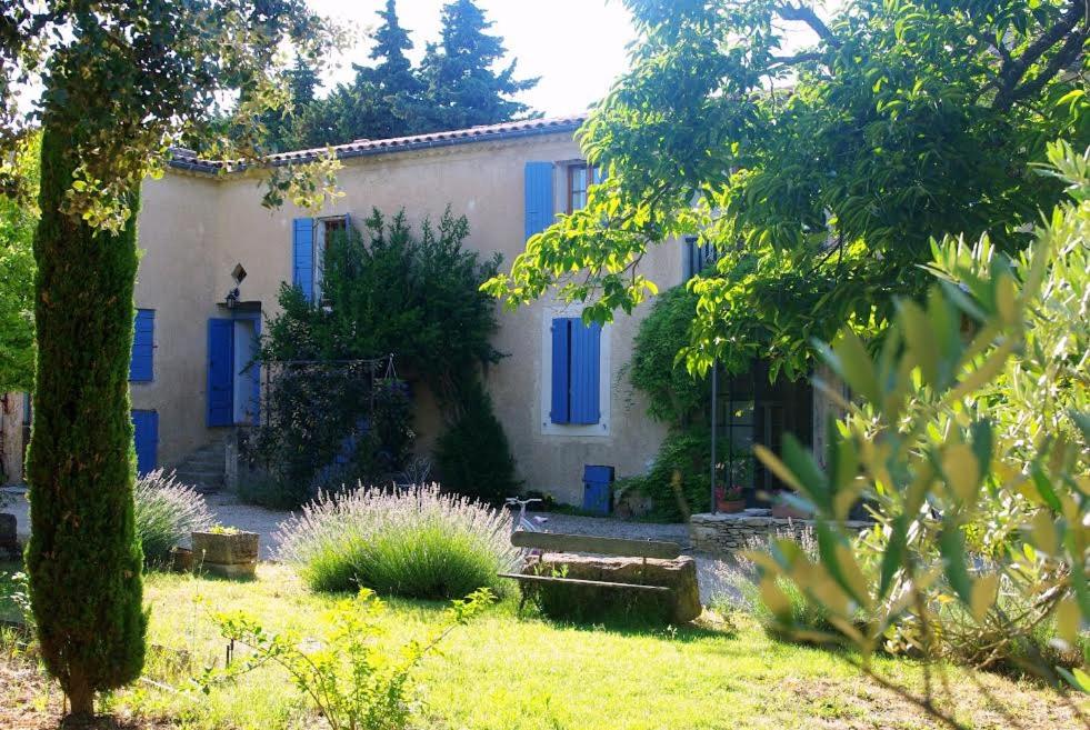 una casa con persianas azules y un patio en Mas la Vitalis Chambres D'Hôtes, en LʼIsle-sur-la-Sorgue