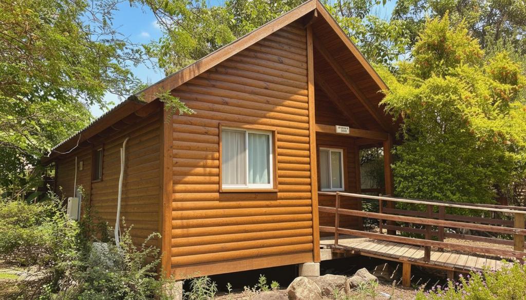 Cabaña de madera con porche y ventana en Nofey HaBashan Country Lodging, en Lahavot HaBashan