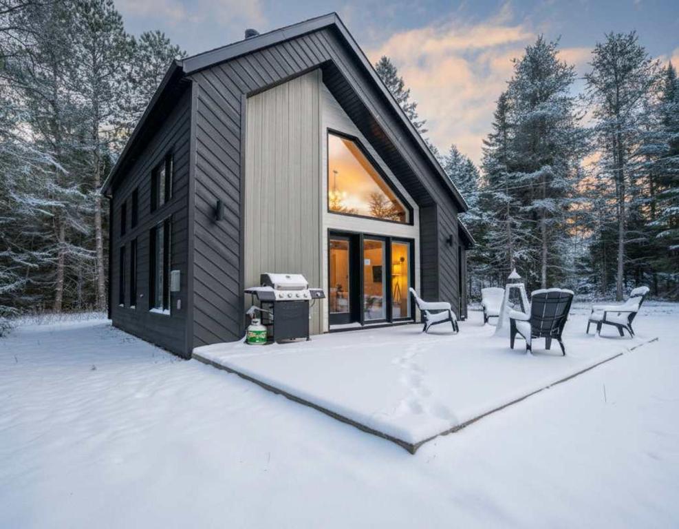 a small cabin in the snow in the woods at Riverside Retreat - Le Ptit Duc in Saint Come