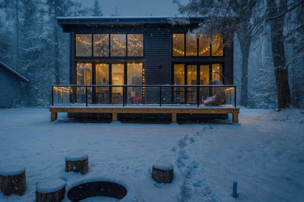 een huis in de winter met sneeuw op de grond bij 3-bedroom Lakefront Villa #6 in Lakefield