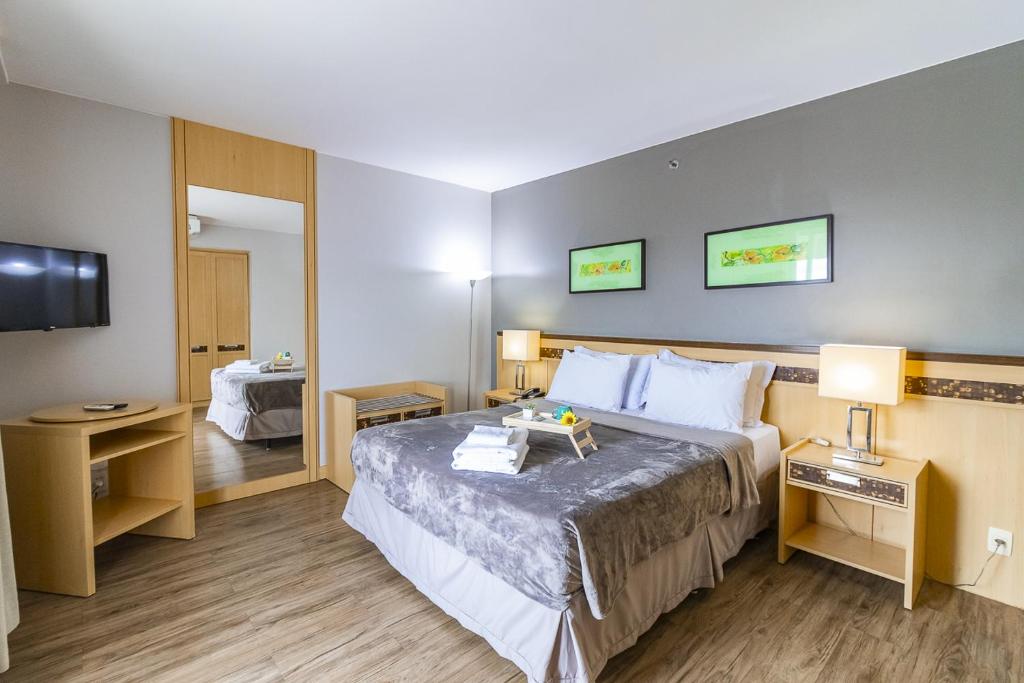 a hotel room with a large bed and a television at OZPED Flats Particulares Edifício Brasília Lets Ideia in Brasilia