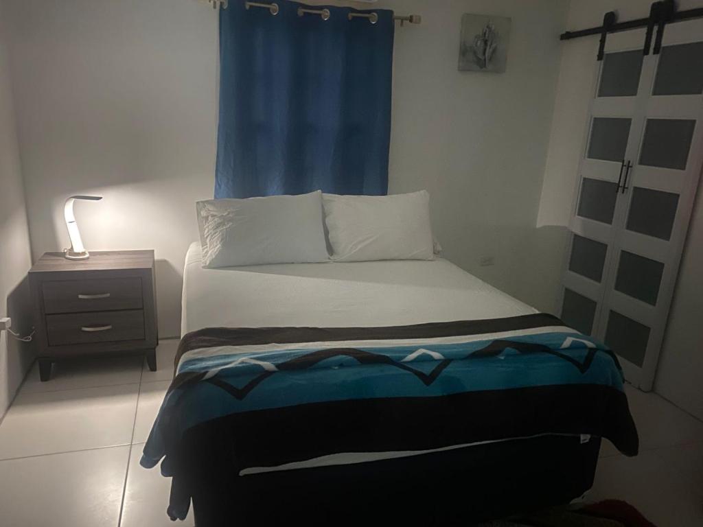 a bedroom with a bed with a blue curtain at The Sky High Escape - 5 Mins from Airport & Beaches in Bon Accord