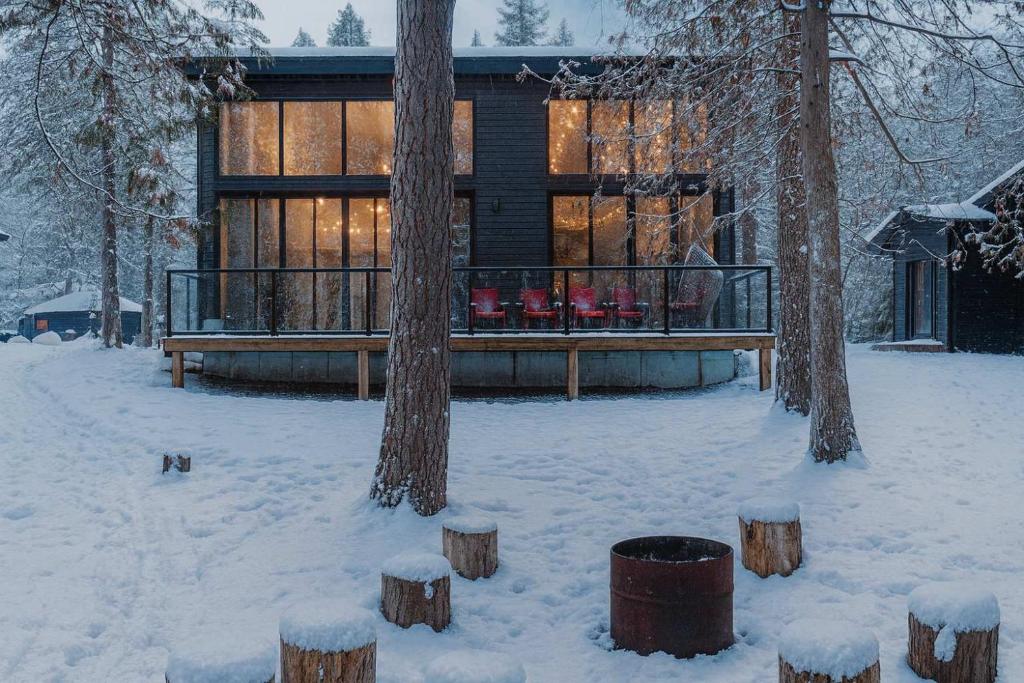 3-bedroom Lakefront Villa #5 في Lakefield: كابينة في الغابة في الثلج