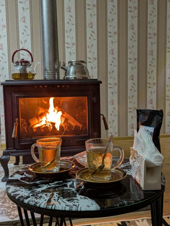 a coffee table with two cups and a fireplace at Guest house Data in Ushguli