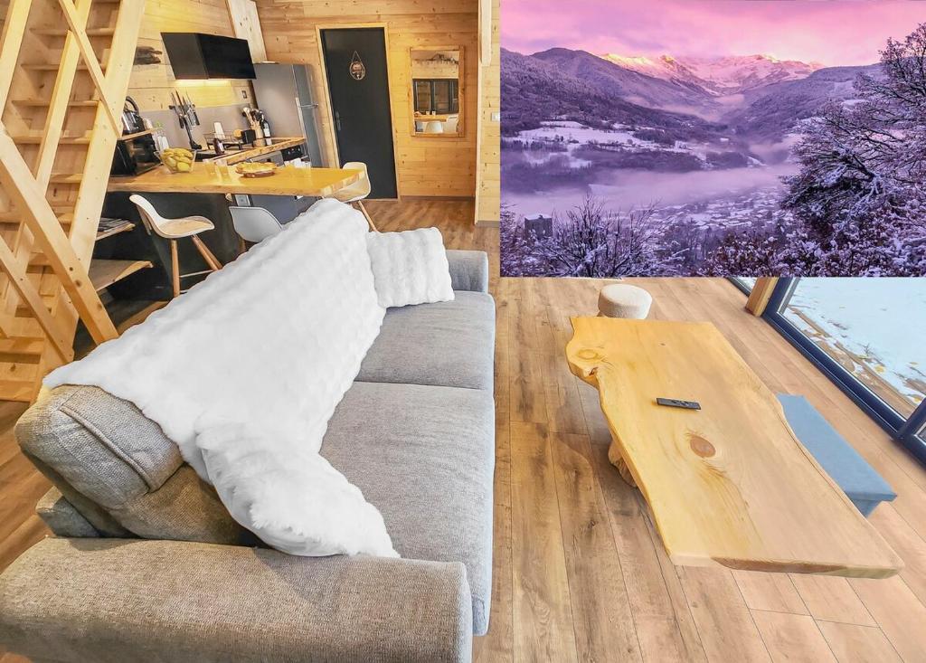 a living room with a couch and a table at Chalet Cocoon en lisière de forêt, avec grande terrasse, et vue 'waouh' in Allevard