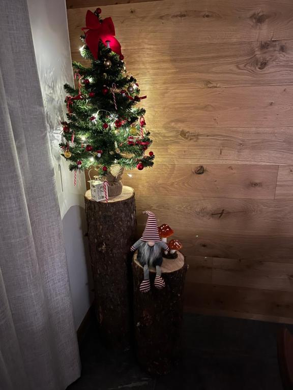a christmas tree on a stump in a room at La Coccinella vacation home in Druogno