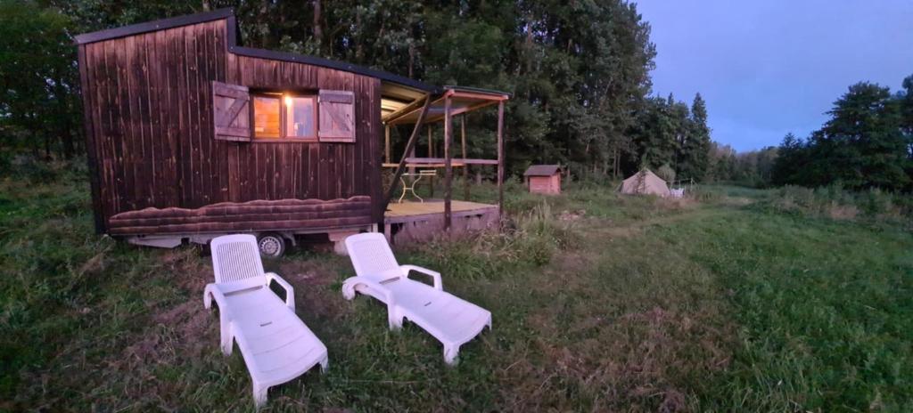 Tiny house au pied du Vercors في Saint-André-en-Royans: منزل صغير مع كرسيين في حقل