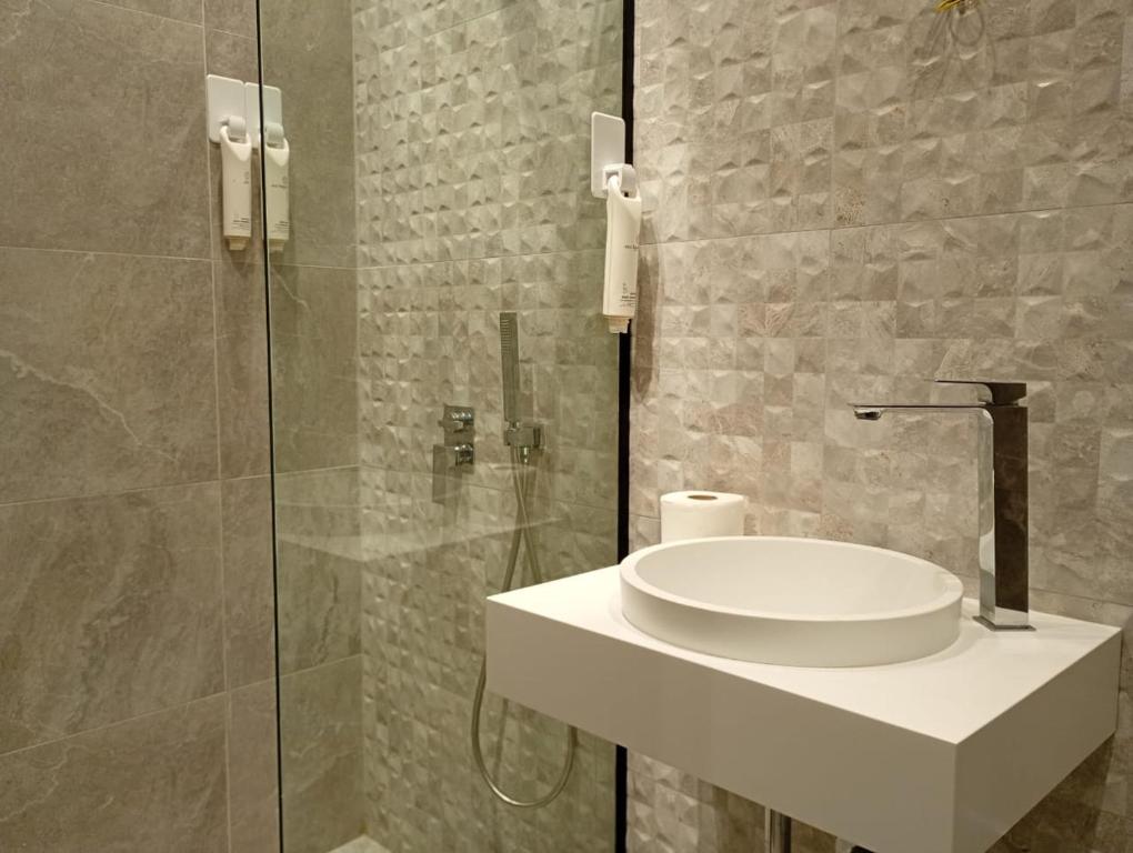 Un baño con lavabo y ducha de cristal. en City Urban Hotel, en Tirana